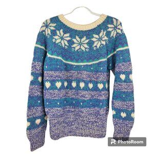 Vintage Nils Sweater Blue Purple Wool Snowflake Fair Isle Waffle Knit Size M
